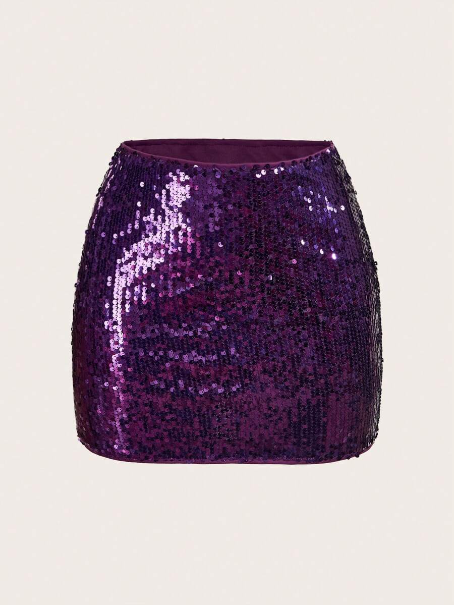 SHEIN ICON 女士纯色闪亮派对迷你裙 - 紫色 - 查看 1