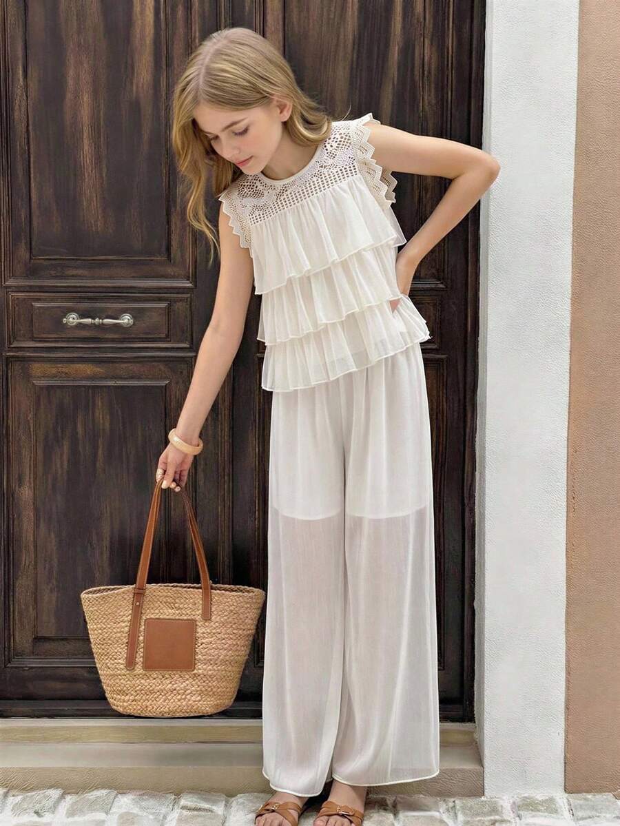 Bộ áo và quần xếp tầng dễ thương cho bé gái tuổi teen - Màu be - Xem 1