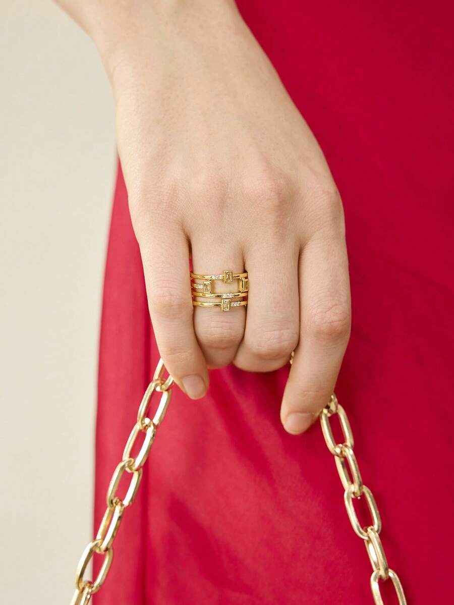 MOTF PREMIUM 18K镀金多层方形简约白钻戒指 - 金黃色 - 查看 1