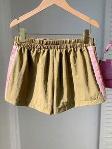 Comfortcana Quần short nữ dáng rộng, cạp chun, phối ren tương phản, kiểu dáng thường ngày. - xanh quân đội - Xem 2