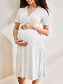 Moonlight&Mama 孕妇纯色V领短袖休闲连衣裙 - 白色 - 查看 6