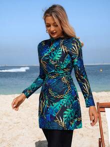 Swim Mulvari 女士中东风情两件套布基尼泳衣套装，新款热销印花长袖连衣裙和直筒裤，优雅休闲沙滩度假泳装套装 - 彩色 - 查看 3