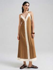 Ontre 2026春夏女款棕色拼接無袖輕盈材質吊帶洋裝，商務休閒女裝，日常通勤、優雅海灘度假 - 棕色 - 查看 6