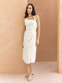 KSTM Asymmetric White Lace Slip Dress With Lace Trim Midi Length Spaghetti Strap Feminine Elegant Summer Spring Date Night Wedding Guest - Apricot - View 1