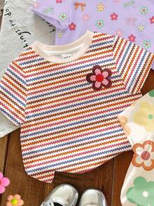 3pcs/Set Baby Girl Cute Purple Floral Summer Basic T-Shirts,Family Matching Colorful Stripes,Dopamine Floral Series Round Neck Short Sleeve Tee Tops - Multicolor - View 4