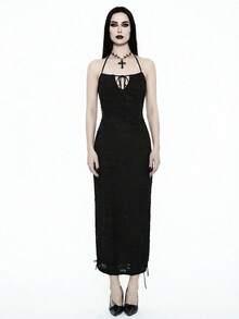 Glisette Women's Elegant Black Lace Slim Fit Spaghetti Strap Dress, Suitable For Dates In Spring/Summer - Black - View 5