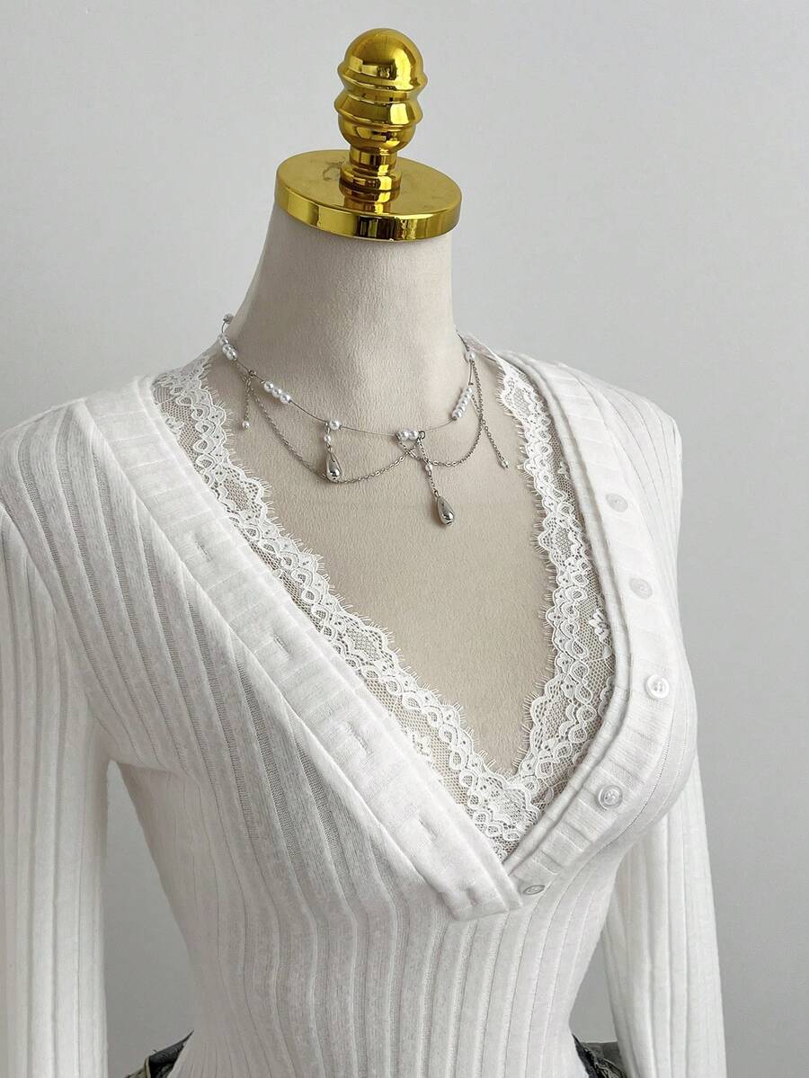 Elamini 甜美可爱蕾丝拼接深V修身长袖T恤，淡粉色，春季 - 白色 - 查看 1