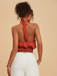 Travachic Women's Halter Neck Tie Strap Sleeveless Tank Top - Orange - View 2