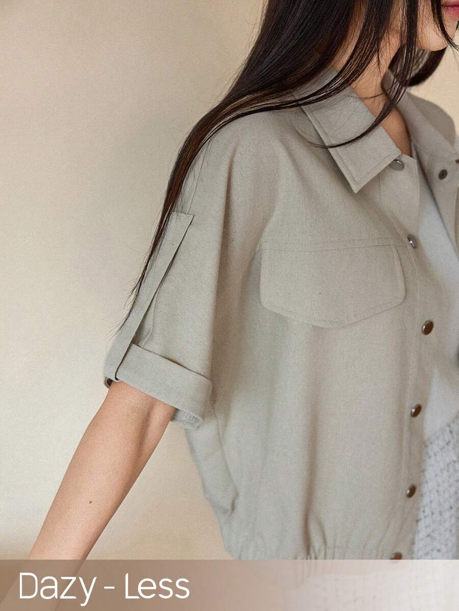 Dazy-Less 女士纯色单排扣休闲百搭日常短袖衬衫，商务休闲夏季款 - 卡其色 - 查看 1