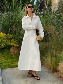 DAZY 女士翻领收腰长款休闲牛仔连衣裙 - 白色 - 查看 4