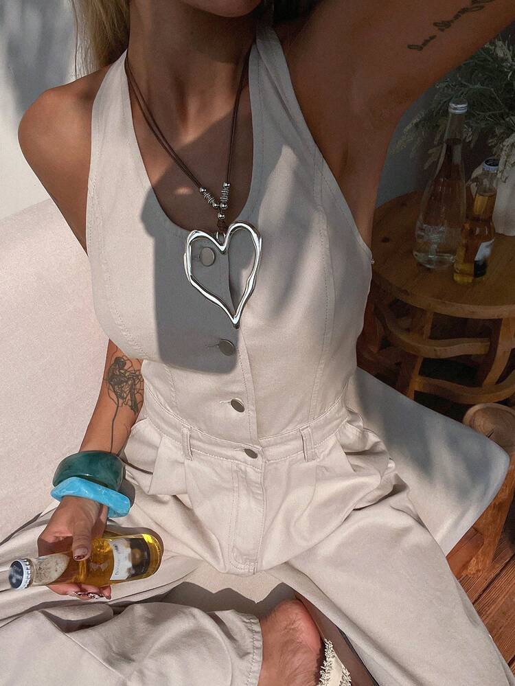 Women's Loose Backless Jumpsuit With Adjustable Straps, Casual Denim Overalls For Vacation & Urban Lifestyle