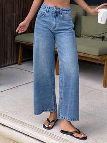 DAZY Quần jeans ống rộng nữ kiểu dáng thường ngày, có túi và cúc, phù hợp với mọi dịp, phong cách Y2K. - Rửa trung bình - Xem 3