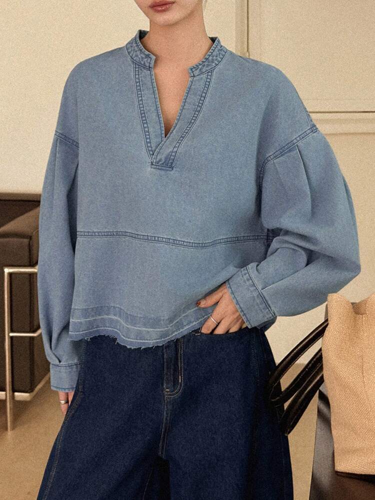 Women's V-Neck Long Sleeve Casual Denim Pullover Top