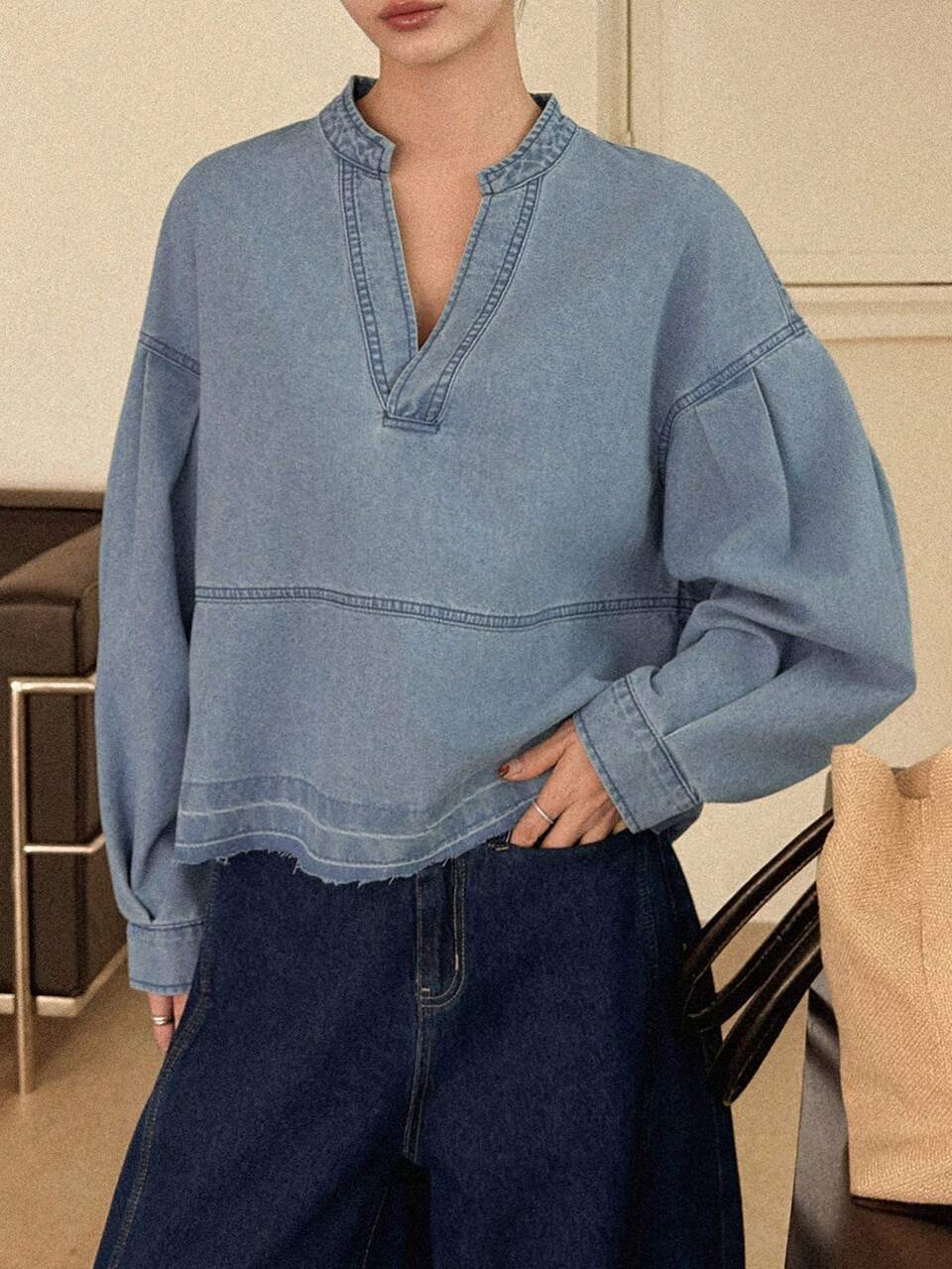 Women's V-Neck Long Sleeve Casual Denim Pullover Top
