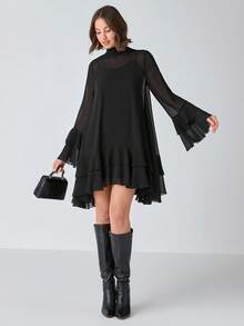 Enchnt 女士纯色网眼拼接长袖简约休闲连衣裙 - 黑色 - 查看 4