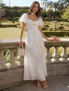 Enchnt Váy thêu hoa trơn màu thanh lịch cho nữ, mùa hè - Màu be - Xem 1