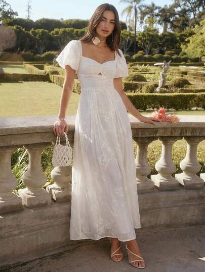 Enchnt Spring/Summer Romantic Women's Apricot Floral Embroidery Sweetheart Neckline Short Puff Sleeve Pleated Maxi Dress,Sweet&Elegant For Vacation&Date&Holiday&Birthday&Party&Graduation&Wedding Guest&Office&Going Out&Halloween&Christmas,Autumn Dresses For Women,Fall Clothes For Women,Autumn Outfits For Women,Back To School