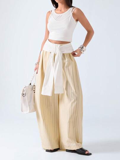LYSMO Women's Striped Knotted Casual Versatile Wide Leg Pants For Daily Wear
