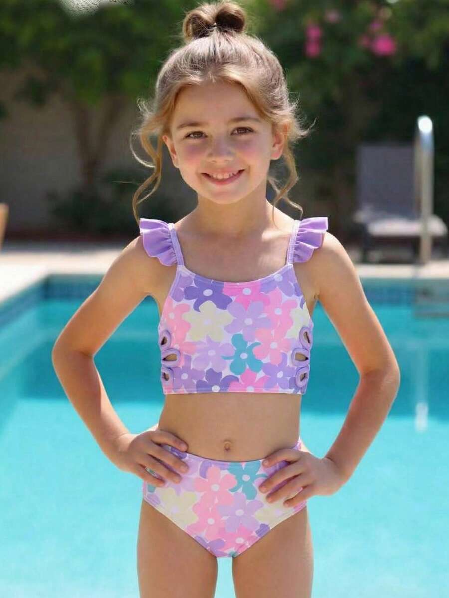 Young Girls Floral Print Swimsuit Set - Multicolor - View 1