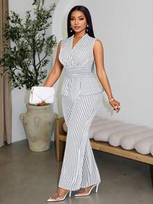 SOLERSUN 女士优雅条纹V领无袖不对称下摆上衣和阔腿裤两件套，日常休闲女士春夏无袖短袖套装，女士办公室服装，复古商务休闲秋季女装，秋季两件套女士套装，冬季女装，返校节感恩节女装，开学季服装 - 白色 - 查看 1