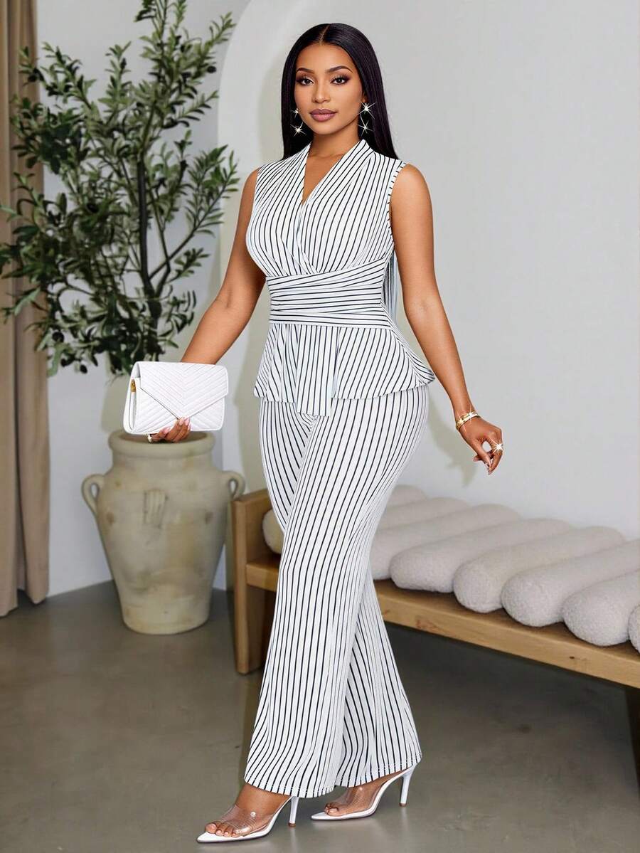 SOLERSUN 女士优雅条纹V领无袖不对称下摆上衣和阔腿裤两件套，日常休闲女士春夏无袖短袖套装，女士办公室服装，复古商务休闲秋季女装，秋季两件套女士套装，冬季女装，返校节感恩节女装，开学季服装 - 白色 - 查看 1