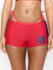 Musera Resort Low Rise Graphic Print Fitted Micro Mini Shorts Hotpants Cover Up Spring Summer Vacation Sexy Coolgirl Ibiza Festival Holiday Pitstop - Red - View 1