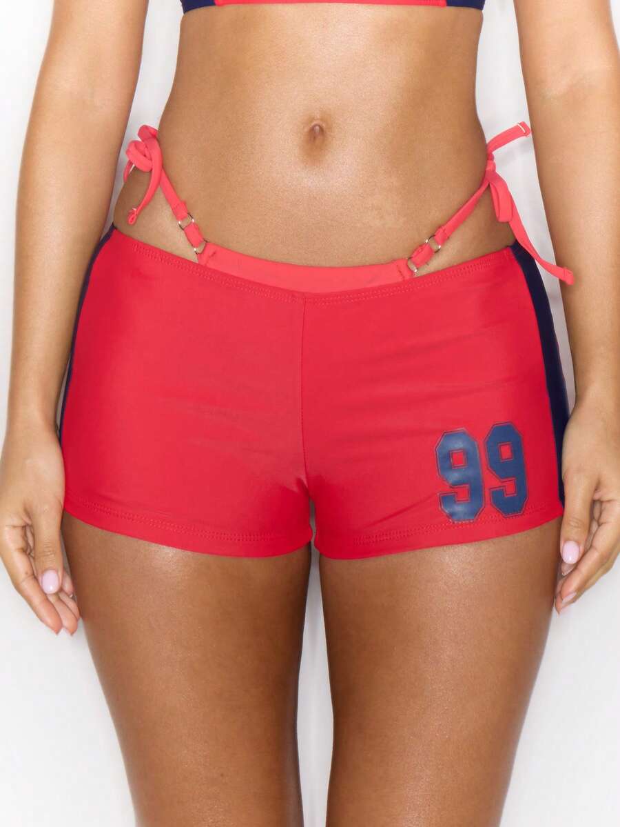 Musera Resort Low Rise Graphic Print Fitted Micro Mini Shorts Hotpants Cover Up Spring Summer Vacation Sexy Coolgirl Ibiza Festival Holiday Pitstop - Red - View 1
