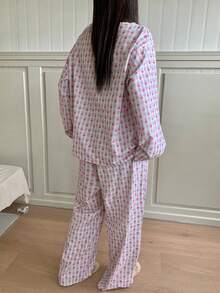 Dazy Plus Plus Size 2pcs/Set Cute Heart Floral Print Casual Contrast Lace Round Neck Loose Long Sleeve Top And Long Pants Pajama Set, Spring/Autumn - Blue - View 7