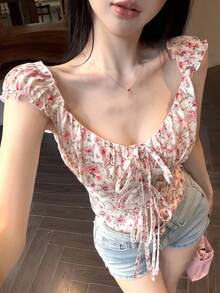 Joudiya Spring & Summer Ditsy Floral Pink Chiffon Blouse, Casual Vacation Beach Style, Tie Front Crop Top Design, Fitted Waist Women Shirt - Pink - View 3