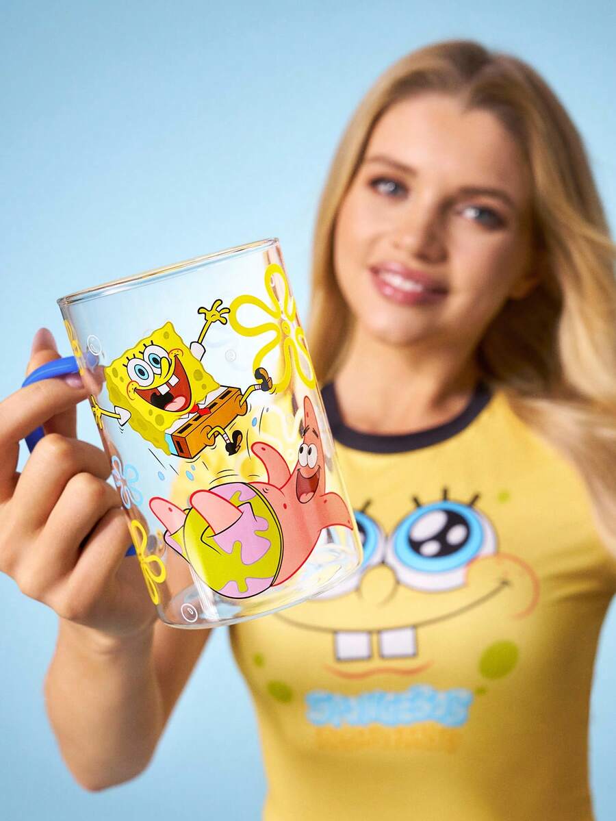 SpongeBob SquarePants | SHEIN 1个 27.1盎司/800毫升 可爱卡通图案印花硼硅酸盐玻璃杯,耐冷耐热,适用于牛奶、果汁、咖啡等。 - 無色 - 查看 1