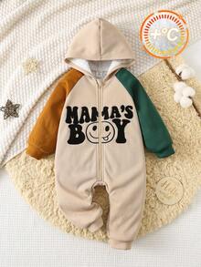 新生儿男女宝宝秋冬服装套装，连体衣，撞色加厚连帽连体裤，卫衣，舒适百搭时尚休闲基础款大字母印花，适合室内、户外滑雪、日常穿着、运动、玩耍、派对、拍照、节日、万圣节等场合。 - 杏色 - 查看 5