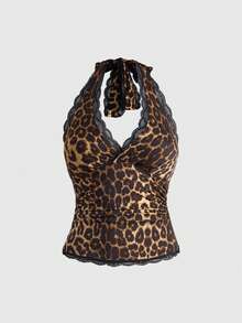 ROMWE Grunge Punk Y2K Spets Leopardmönstrad Halterneck Linne För Damer - Multifärgad - Visa 1