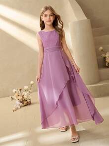 Elegant Purple Lace Chiffon Dress For Tween GirlsSuitable For Evening Party, Christmas, Prom, Wedding, Graduation And Other Occasions - Purple - View 6