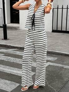 Siren Gaze Women's Summer Casual Striped Tank Top And Pants 2 Pieces Set - Black - View 6