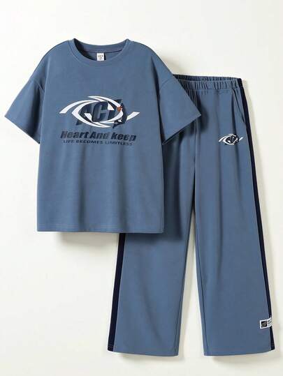 男童T恤套装，圆领宽松版型，美式复古字母印花，休闲运动直筒裤，夏季新品