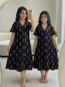 SHEIN Tween Girl Loose Casual Collared Heart Print Short Sleeve Ruffle Hem Loungewear - Multicolor - View 1