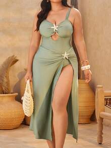 Swim Oasis 2026 New Spring/Summer Plus Size Women's Fashionable One-Piece Swimsuit With Starfish Decor, Paired With Skirt, Slimming Vacation 2-Piece Set - Army Green - View 14