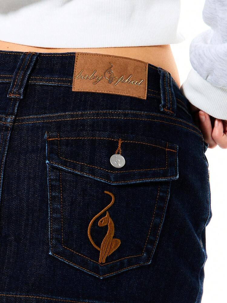 BABYPHAT Denim Mini Skirt With Logo Embroidery Dark Wash High Rise A Line Button Closure