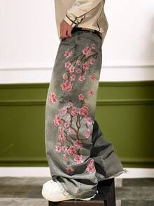Manfinity EMRG Men's Street Fashion Plum Blossom Embroidery Washed Wide Leg Jeans 90s Style Valentine's Day - Blue - View 7