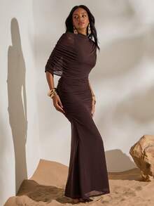 Opulessa 优雅纯色褶皱修身连衣裙，夏季 - 棕色 - 查看 7