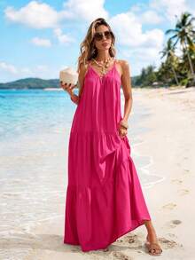 Sylviya Women's V-Neck Sleeveless Maxi Beach Dress For Vacation - Hot Pink - View 3