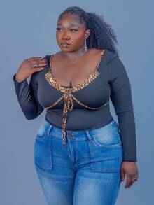 CurvyTilda 豹纹印花撞色心形胸前系带修身长袖性感女式衬衫 - 彩色 - 查看 4