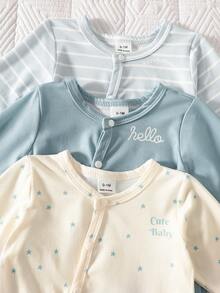 SHEIN 三件套夏季新生女婴套装，杏色蓝色多色字母印花连体衣，休闲可爱 - 藍色 - 查看 5