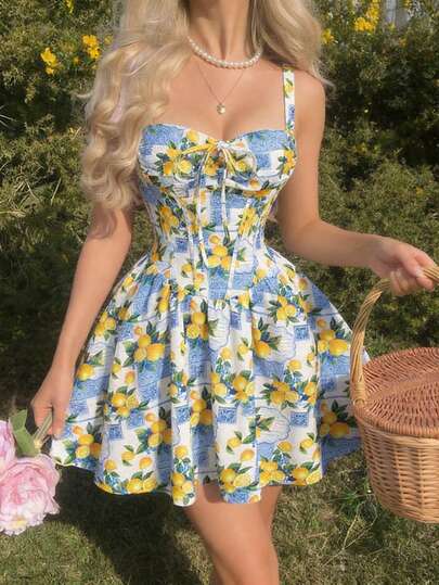 SHEIN MOD 柠檬印花褶皱胸罩蝴蝶结喇叭连衣裙 – 波西米亚风、西部风、70年代复古风、可爱风、约会风、派对风、女士春夏装、春假、度假、野餐、节日、生日装