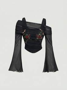 MOD Conjunto de 2 piezas elegante para mujer: Camiseta con estampado floral combinada con falda maxi de corte slim - Negro - Ver 2