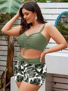 de de 2 piezas con parte superior de tirantes ajustables con estampado de unicolor y tropical, y shorts de cintura alta con cordón, conjunto elegante para vacaciones en la playa para mujeres - Negro - Ver 10