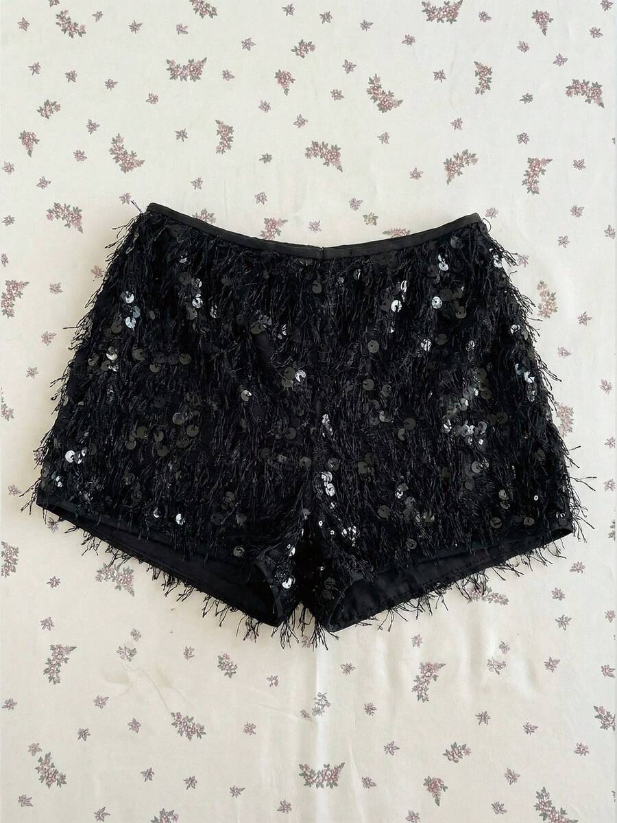 Elamini 哥特风女士低腰蓬松亮片性感迷你短裤 - 黑色 - 查看 1