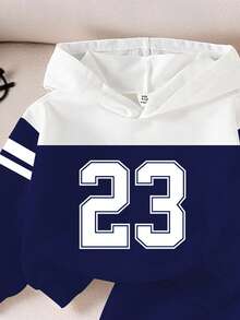 2er/Set Baby Jungen/Mädchen Marineblau und Weiß Brooklyn 23 Patchwork Hoodie Sweatshirt&Hose Herbst Lässig Page Boy Schulanfang Sportbekleidung Winter Outfit - Verschiedenfarbig - Übersicht 5