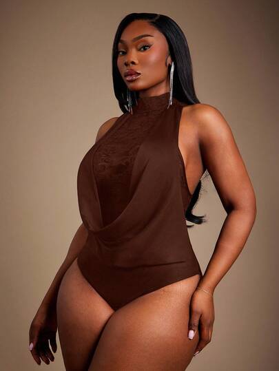 Radiana Plus Size Women's Autumn/Winter New Sexy Elegant Plunging Neck Lace Patchwork Backless Bodysuit