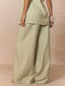 MUSERA Pantalón ancho con cintura elástica y pierna fluida, solo Bottom, lindo conjunto primaveral de vacaciones, estilo dulce y casual de azúcar y sal para el verano - Caqui - Ver 4